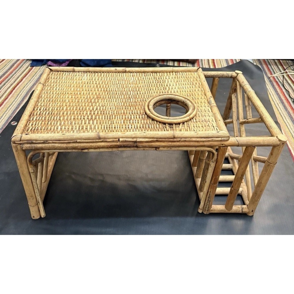 VTG 70s Rattan Bed Tray Lap Desk Boho Wicker Breakfast Magazine Cup Holder MCM